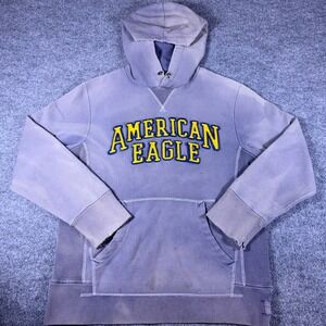 American Eagle Mens Vintage Faded Purple Hoodie Applique Logo Distressed Large